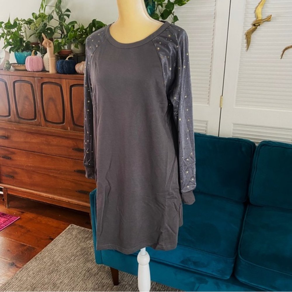 Umgee | Ash Gray Long Sleeve Raglan Sweatshirt Dress Winter Gold Star New Medium - Picture 4 of 14